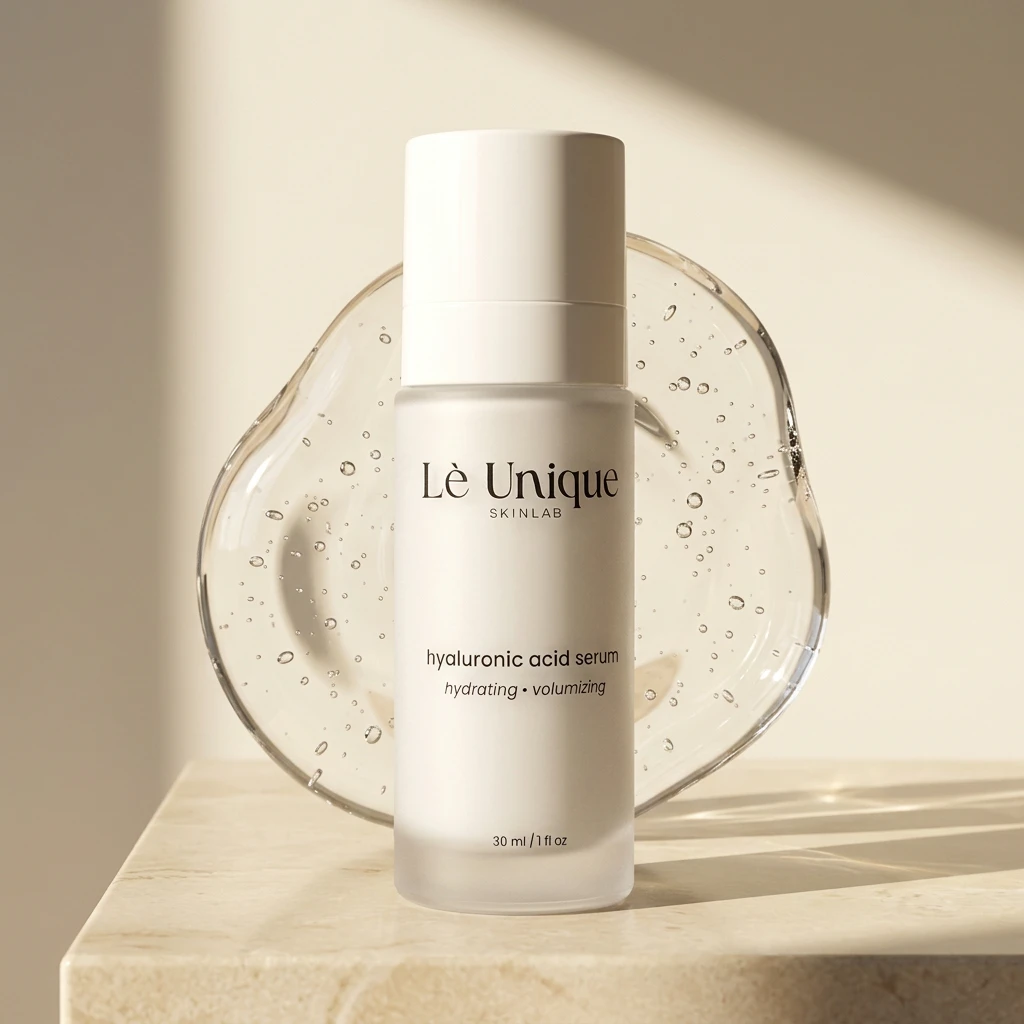 Hyaluronic acid serum bottle on a stone pedestal in sunlight