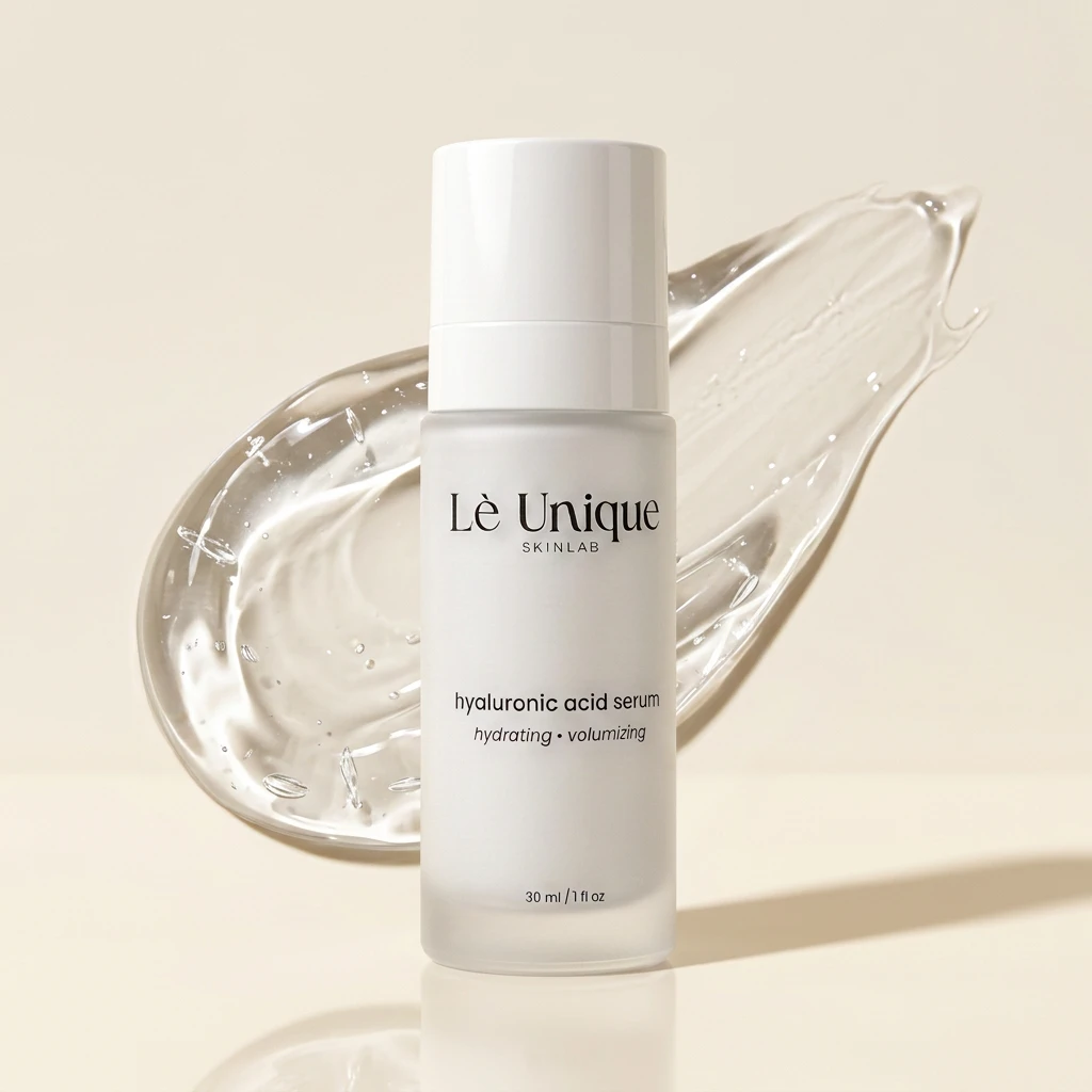 Hyaluronic acid serum bottle with clear gel texture