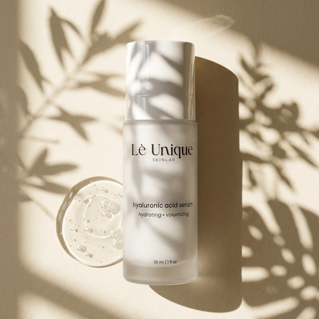 Hyaluronic acid serum bottle with leaf shadows and gel drop